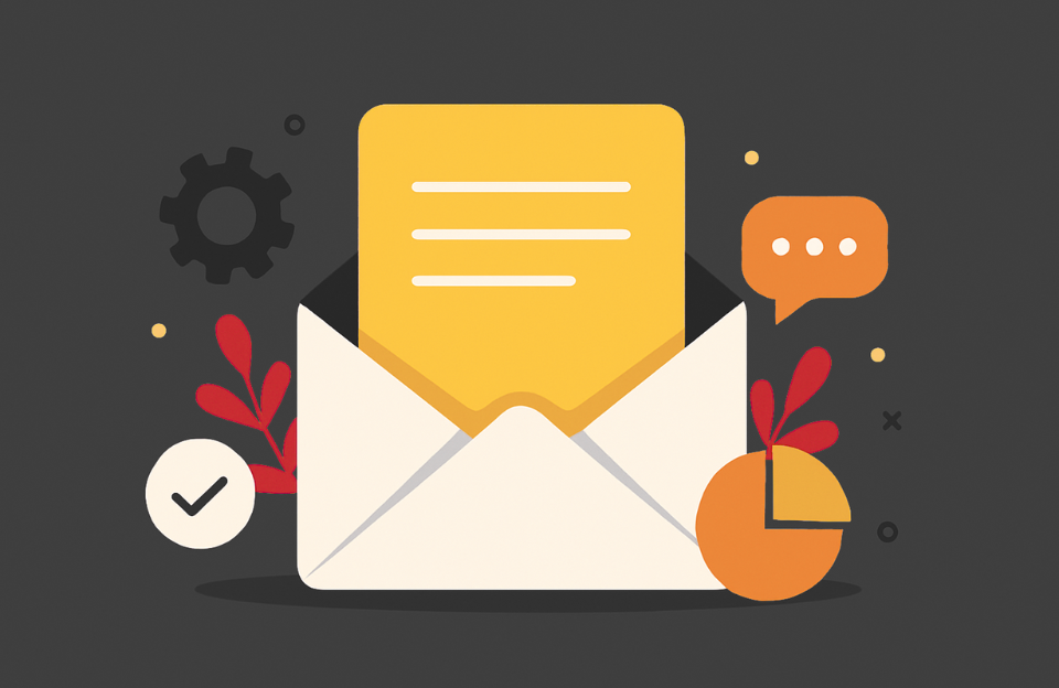 Minimalist digital illustration of an orange envelope surrounded by icons of a user silhouette, gear, paper plane, and line chart on a soft black background.