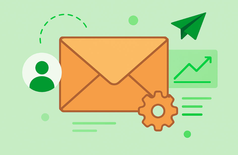 Flat style illustration showing a white envelope with a yellow sheet of paper inside, surrounded by icons including a gear, chat bubble, checkmark, pie chart, and foliage elements on a two-tone blue background.