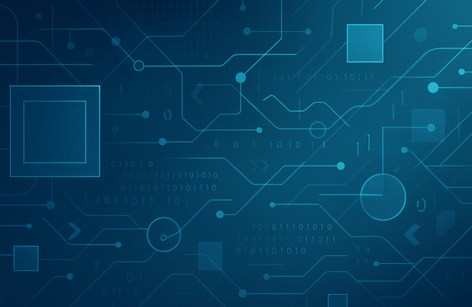 Abstract blue tech illustration with geometric shapes and circuit-like lines