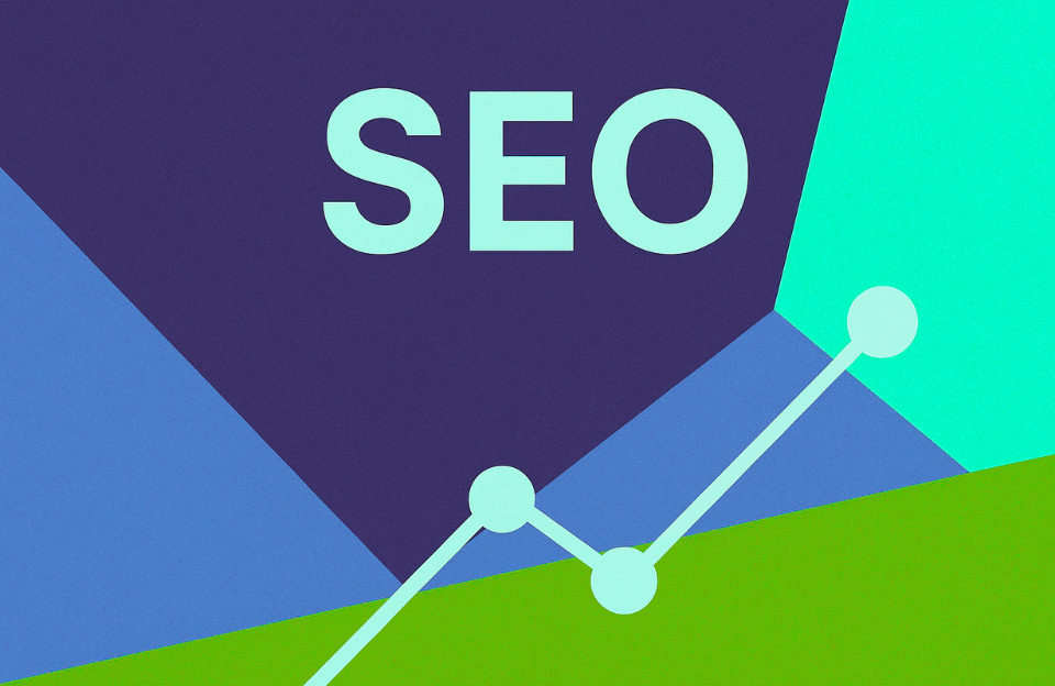 Colorful digital illustration with the acronym SEO in bold letters, featuring abstract shapes and a modern, vibrant background.