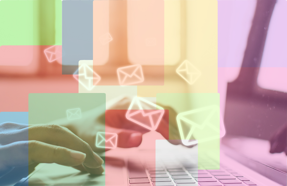 Hands typing on a laptop with floating email icons and colorful overlays