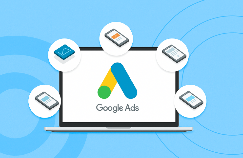 A laptop displaying the Google Ads logo, surrounded by five mobile ad examples on a soft blue background.