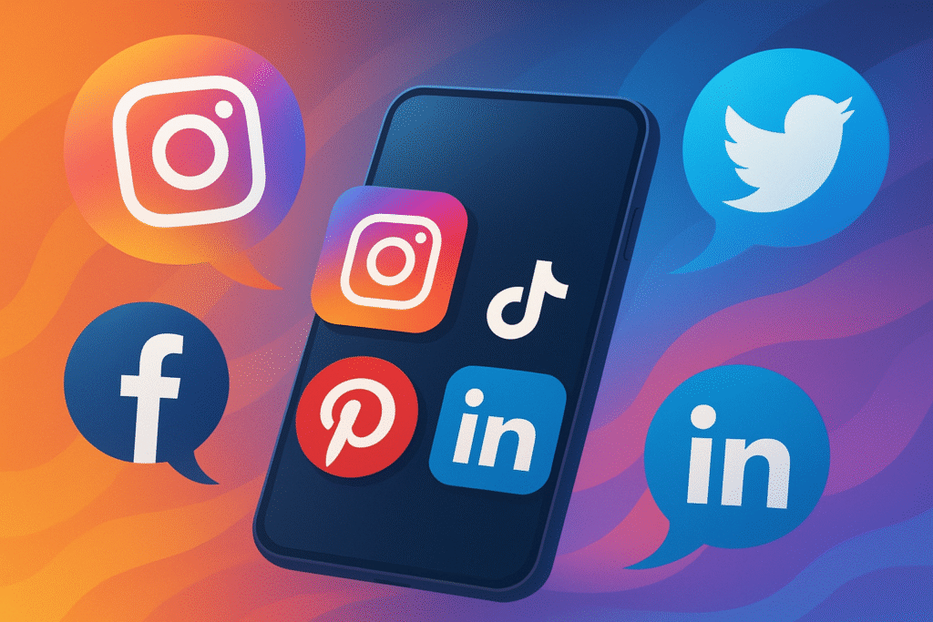 Smartphone with social media icons (Instagram, TikTok, Pinterest, LinkedIn, Facebook, Twitter) on a colorful gradient background
