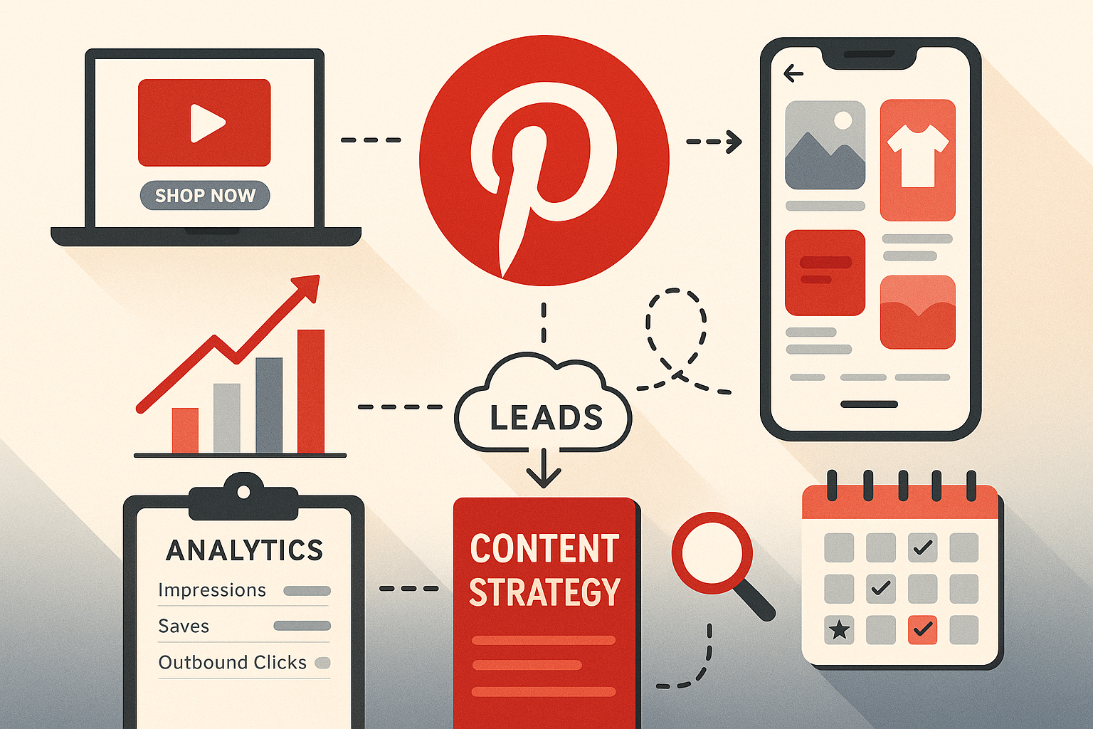 Infographic showing Pinterest logo and marketing elements like analytics, leads, and strategy