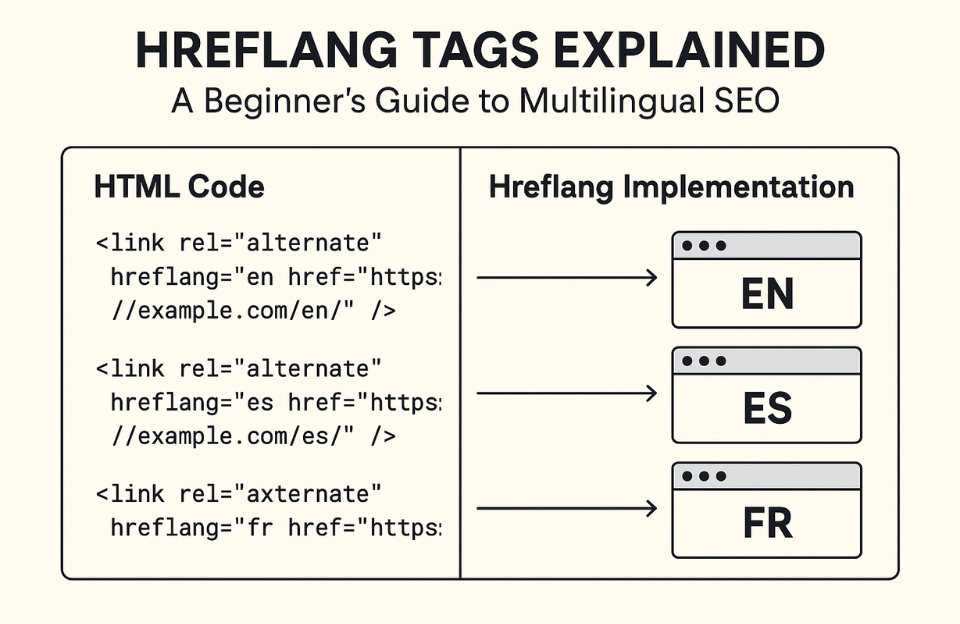 Infographic explaining hreflang tag implementation for multilingual SEO with code examples and browser icons for English, Spanish, and French versions.