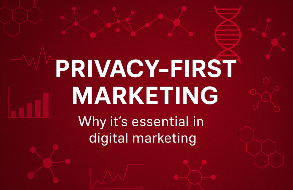 Privacy-First Marketing – Why it’s essential in digital marketing, with a red scientific-themed background including DNA, graphs, molecules, and hexagons.
