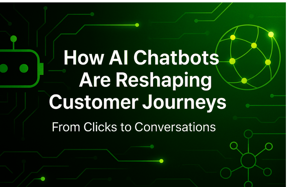 How AI Chatbots Are Reshaping Customer Journeys – From Clicks to Conversations, futuristic green background with chatbot and network graphics.