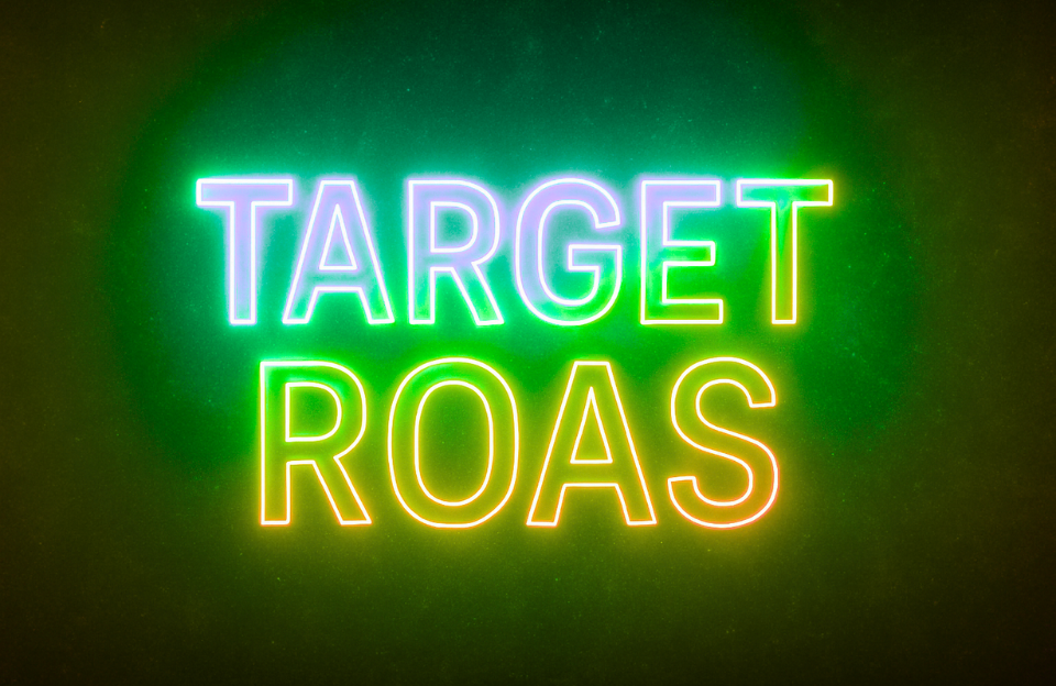 Neon-style text with the words “TARGET ROAS” glowing in green, yellow, and purple tones on a dark background