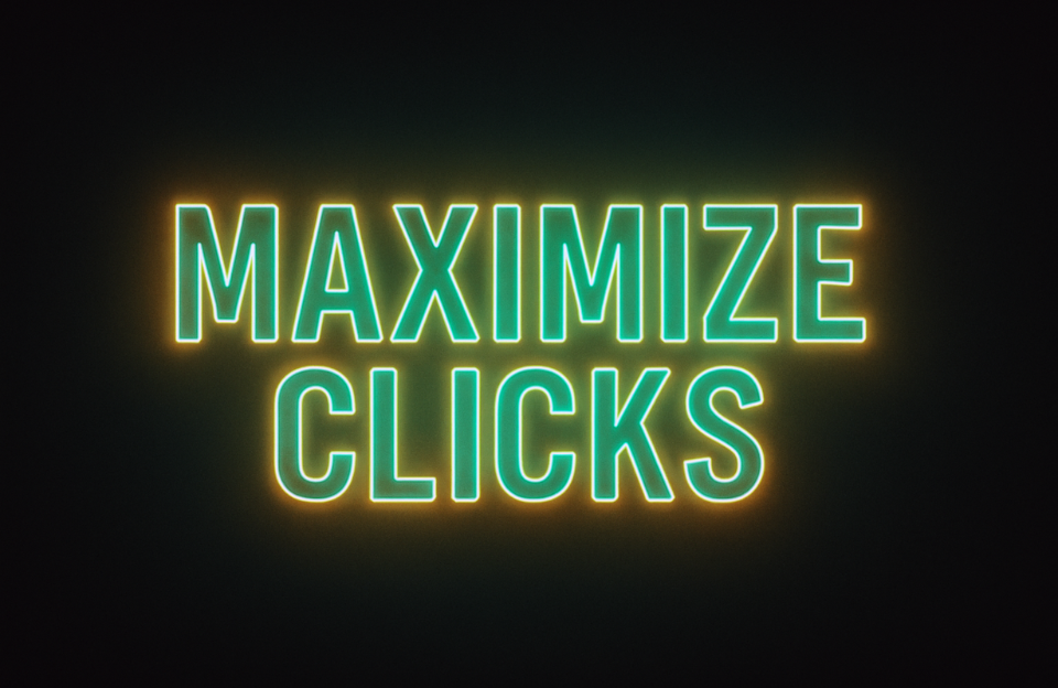Neon-style text that reads “MAXIMIZE CLICKS” in turquoise with an orange glow on a dark background