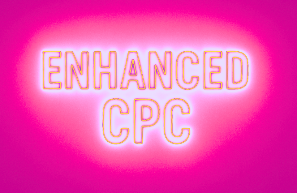 Neon-style text that reads “ENHANCED CPC” in orange-red glow on a bright pink background