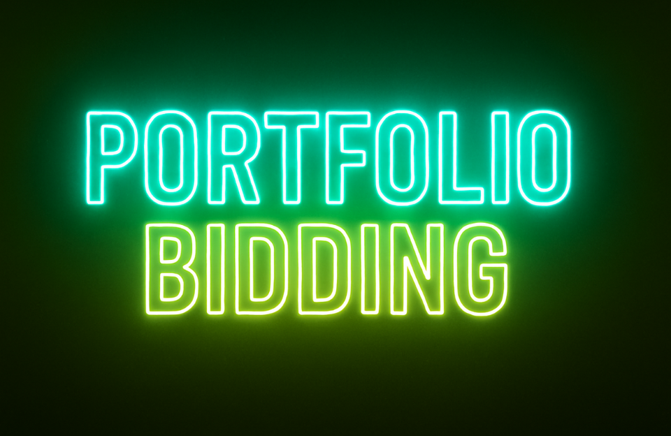 Neon-style text displaying “PORTFOLIO BIDDING” in bold yellow on a dark background