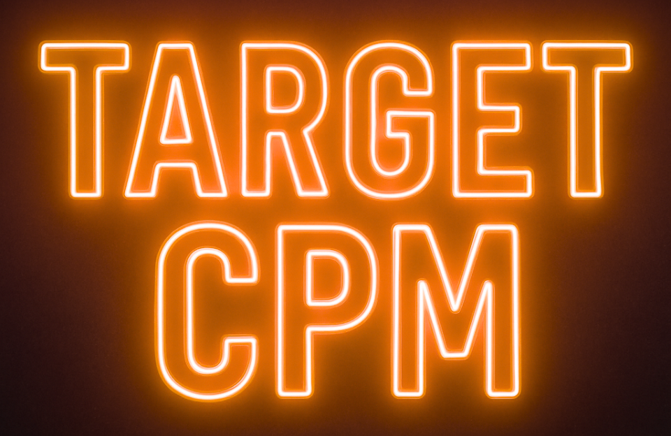 Neon-style text reading “TARGET CPM” in glowing orange on a dark background