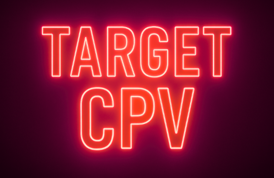 Neon-style text displaying “TARGET CPV” in bold red on a dark purple background