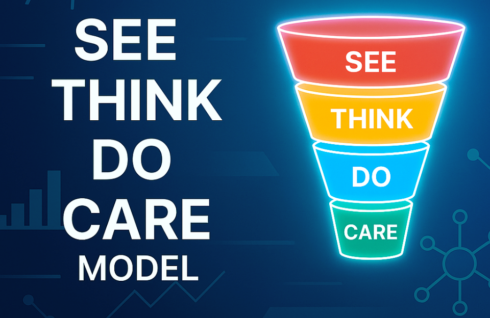 A dark teal graphic with digital brain and network icons, featuring the title "Understanding International Growth Through See Think Do Care