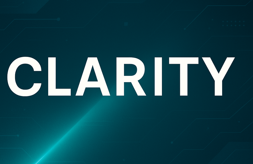 The word “CLARITY” on a dark teal background with a glowing beam and circuit elements