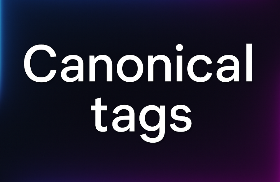 Canonical tags with neon glowing borders in blue and pink, modern minimalistic design.