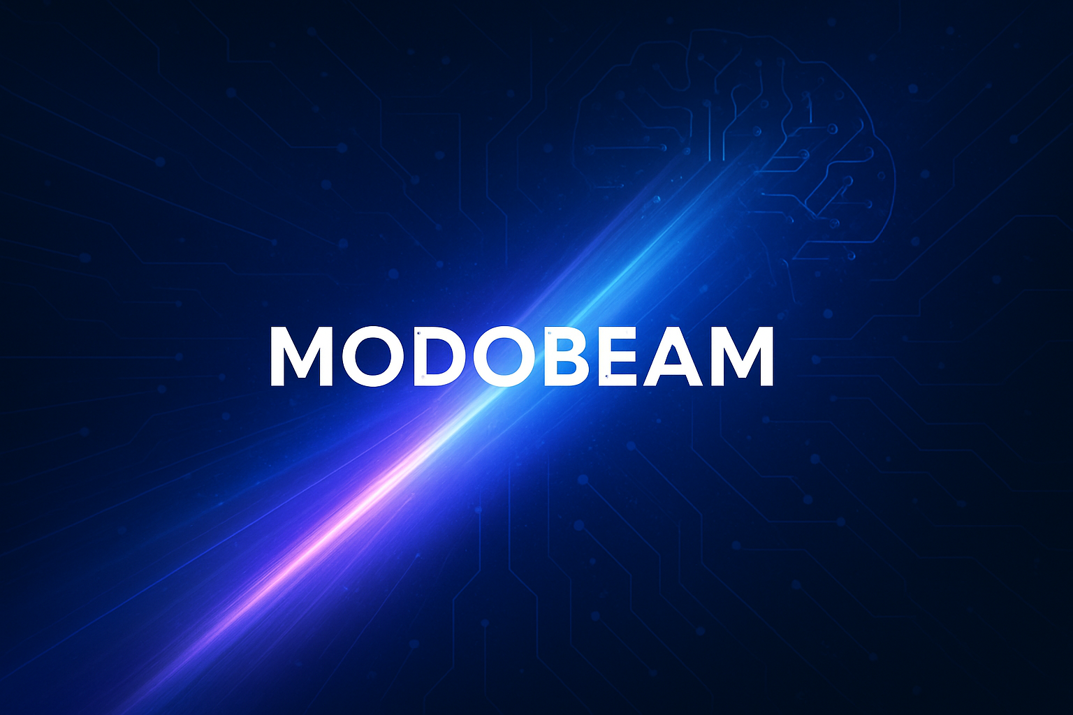 Tech-inspired digital banner for Modobeam featuring a glowing light beam, circuit board lines, and a neural network outline in the background.