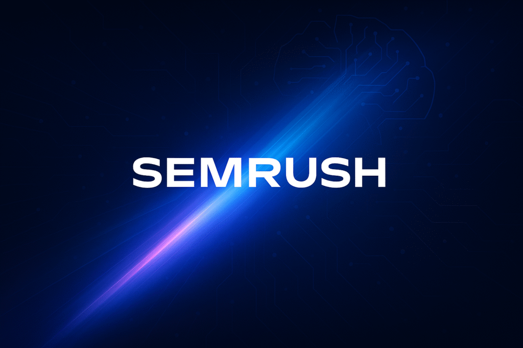 Semrush logo on a dark blue background with glowing diagonal beam