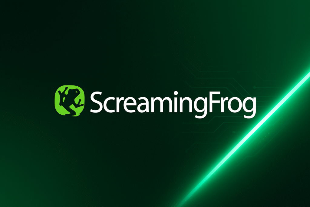 Screaming Frog logo on a green tech-style background with digital elements and light beam
