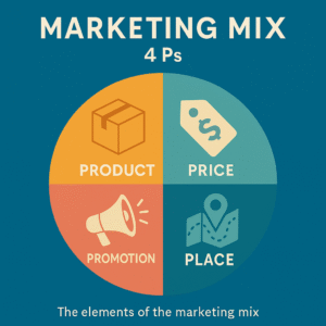 Infographic showing the 4 P’s of the marketing mix: Product, Price, Place, and Promotion.
