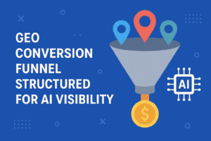 Geo conversion funnel structured for AI visibility with location markers and a dollar coin output from a funnel