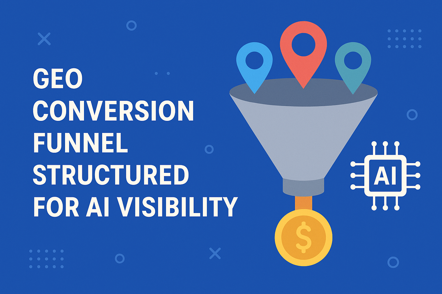 Geo conversion funnel structured for AI visibility with location markers and a dollar coin output from a funnel