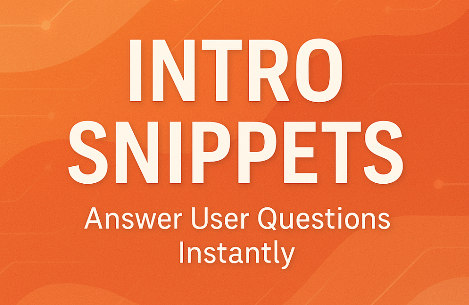 Banner with the text “Intro Snippets” and subtitle “Answer User Questions Instantly” on an orange tech-style background with flowing lines and dots
