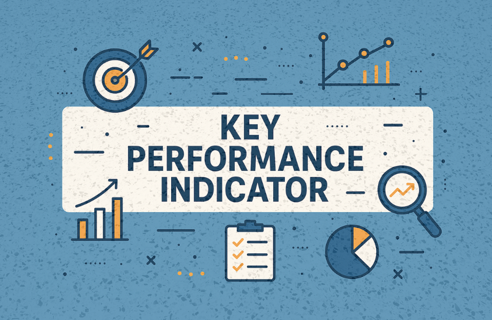 Illustration with the text 'Key Performance Indicator' surrounded by icons such as a target, graph, checklist, magnifying glass, and bar chart