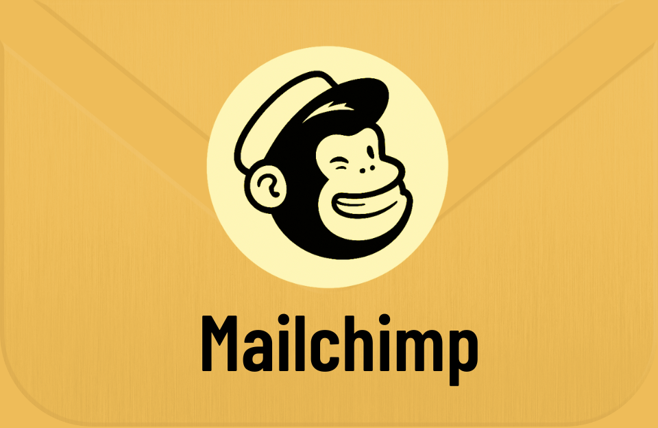Illustration of Mailchimp’s mascot winking, with the Mailchimp name below, on a yellow envelope background
