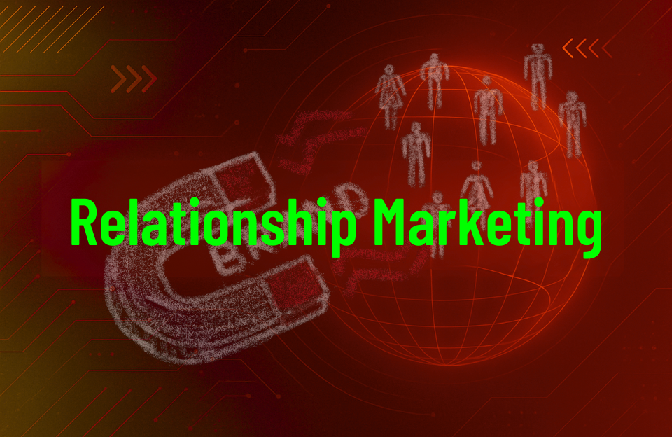 Digital illustration of a magnet attracting people around a globe with the text “Relationship Marketing” in bright green letters, symbolizing brand loyalty and customer engagement.