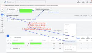 Screenshot of Google Ads showing how to segment campaign performance by network including search partners 