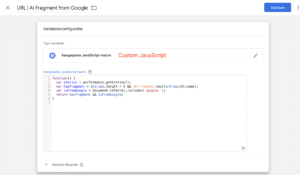 Screenshot of Google Tag Manager showing a custom JavaScript variable to detect AI Overview traffic via URL fragment
