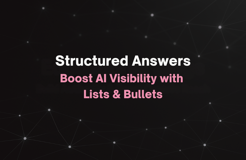 Banner with the text “Structured Answers – Boost AI Visibility with Lists & Bullets” on a dark background with a connected dot-and-line network pattern