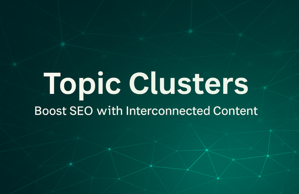 Banner with the title “Topic Clusters” and subtitle “Boost SEO with Interconnected Content” on a teal-green background with glowing node lines