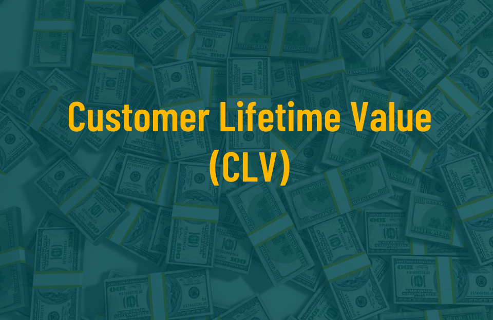Banner with the title Customer Lifetime Value (CLV) on top of dollar bills background