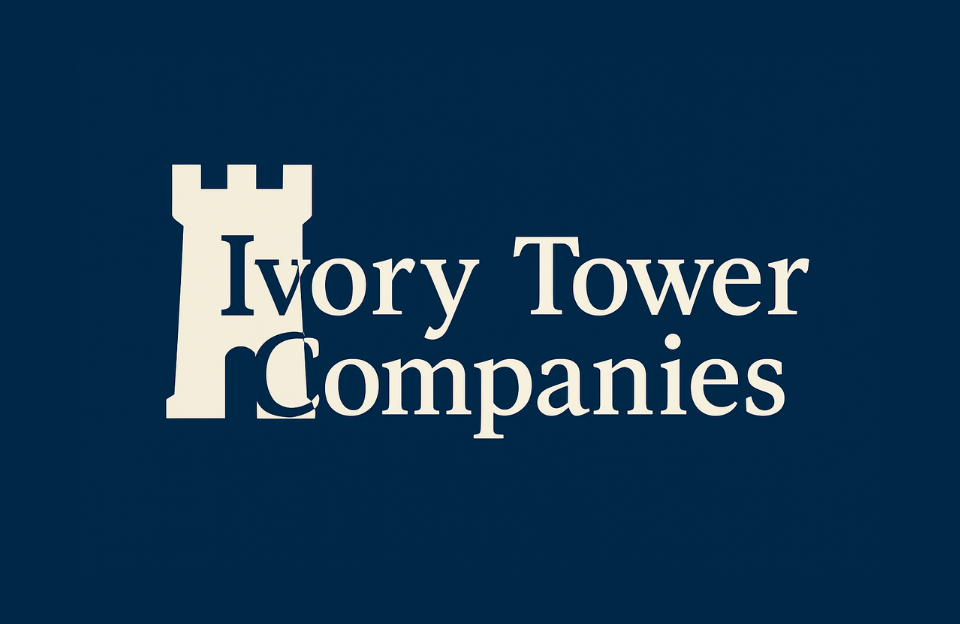 Centered text "Ivory Tower Companies" on a navy background with minimalist ivory tower icon