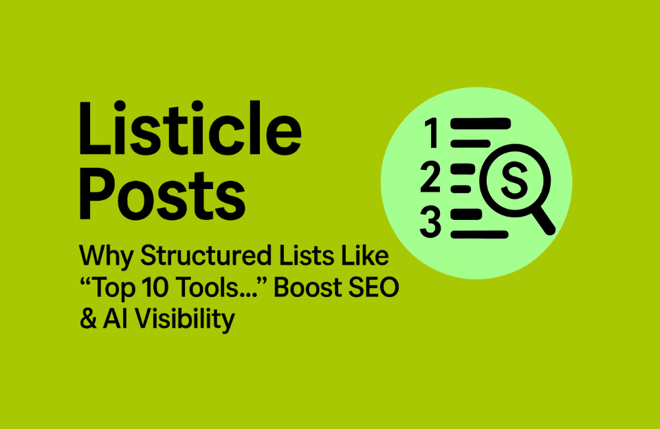 Banner with the title "Listicle Posts" and subtitle "Why Structured Lists Like 'Top 10 Tools...' Boost SEO & AI Visibility" on a yellow envelope background