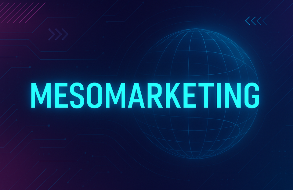 Futuristic digital banner with the word MESOMARKETING in glowing blue text over a global tech background