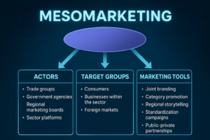 Infographic of the mesomarketing model with three sections: Actors, Target Groups, and Marketing Tools, connected by arrows. Titel: Mesomarketing Model Infographic