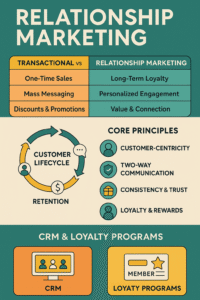 Infographic comparing transactional marketing and relationship marketing. Highlights core principles such as customer-centricity, two-way communication, trust, and loyalty. Includes CRM and loyalty program visuals and a customer lifecycle diagram focused on retention.