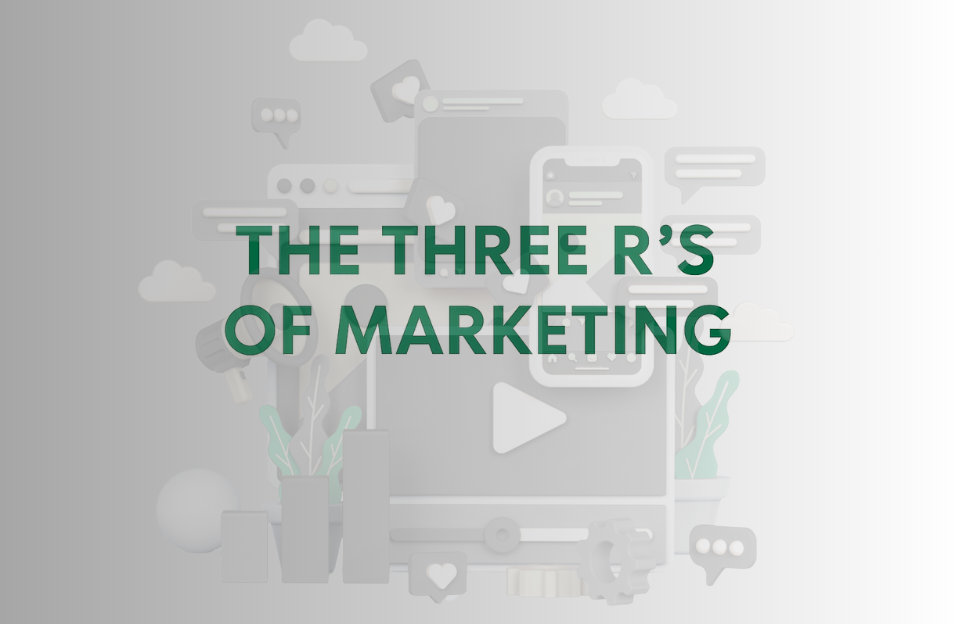 Banner image with the text “The Three R’s of Marketing” over a background featuring social media icons, chat bubbles, and digital devices.