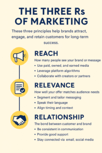 Infographic explaining the Three R's of Marketing: Reach, Relevance, and Relationship, including bullet points for each principle.