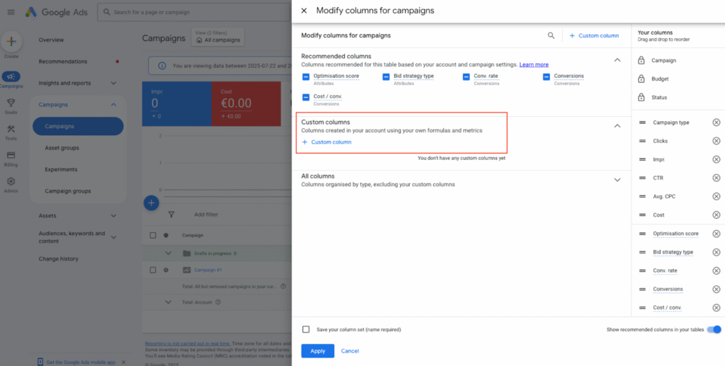 Google Ads interface showing the option to create custom columns for campaigns using user-defined formulas and metrics.
