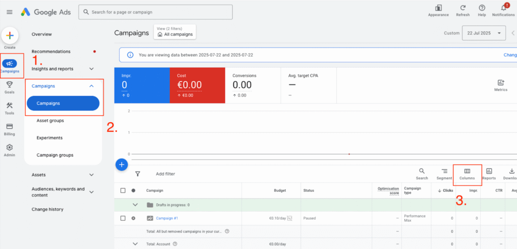 Google Ads interface showing how to access campaigns and adjust visible columns for campaign performance metrics.
