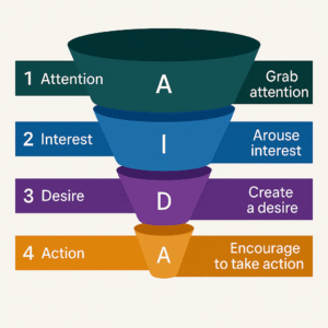 Visual representation of the AIDA marketing model showing the funnel stages: Attention, Interest, Desire, and Action with corresponding descriptions