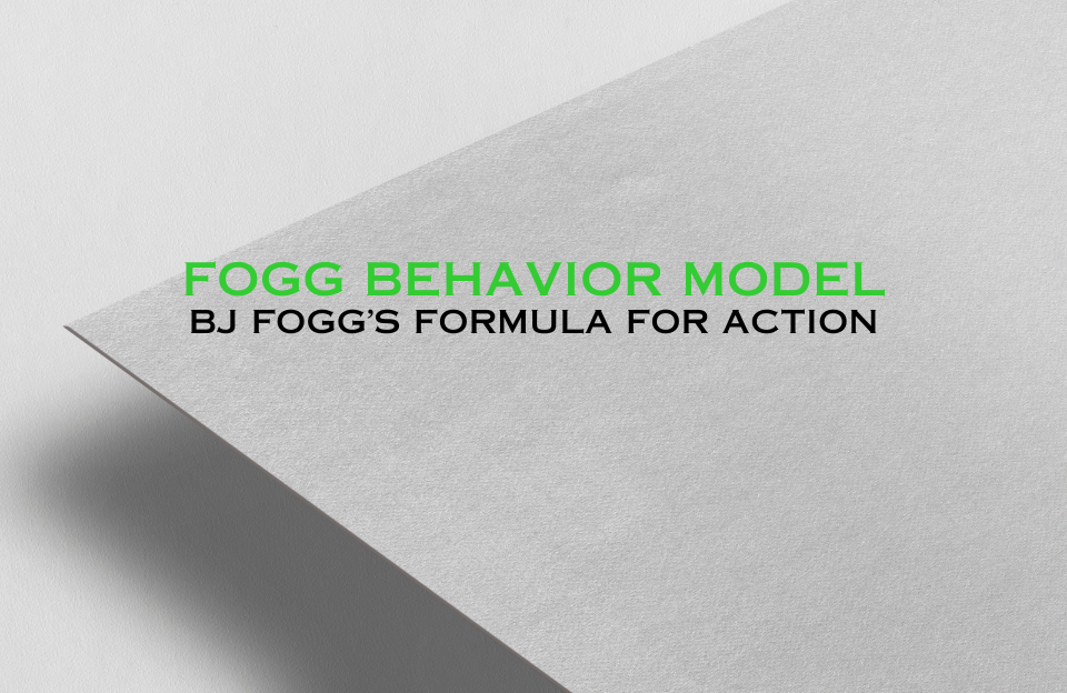 Banner image with text 'Fogg Behavior Model – BJ Fogg’s Formula for Action' on a textured paper background, using green and black bold typography.