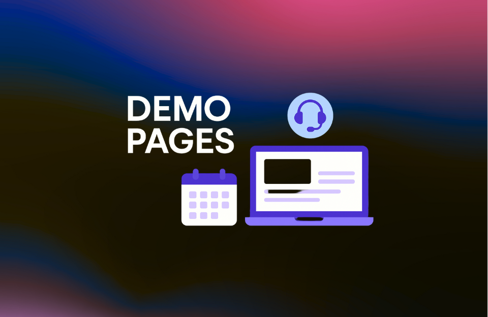Flat-style digital banner with the words "Demo Pages" featuring a calendar icon, chat bubble, and laptop illustration