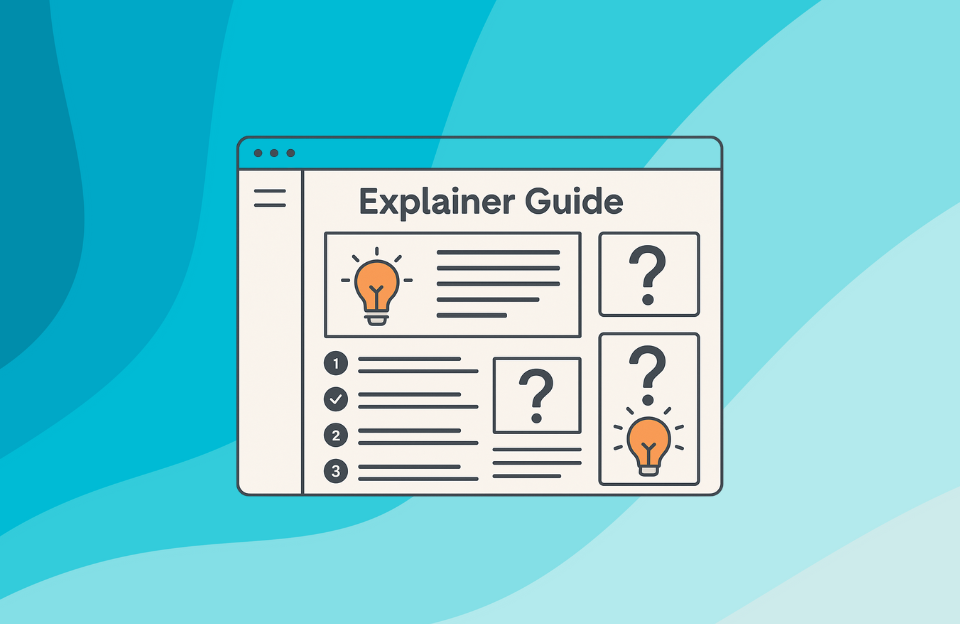 Flat illustration of an online explainer guide with icons for learning and clarity
