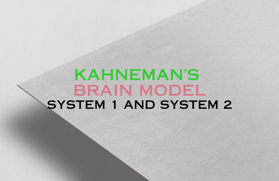 Graphic design featuring the title "Kahneman’s Brain Model – System 1 and System 2" on a textured paper background. The text highlights the dual-system theory in marketing and behavioral psychology.