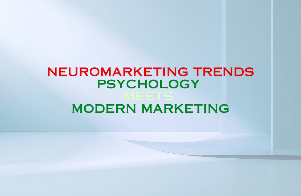 Minimalistische banner met tekst: "Neuromarketing Trends – Psychology Meets Modern Marketing" in rood en groen op een lichtblauwe achtergrond.